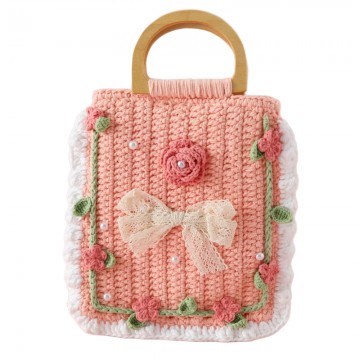 Handmade Crochet Camellia Handbag with Wooden Handle