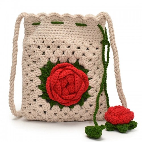 Handmade Crochet Rose Crossbody Phone Bag