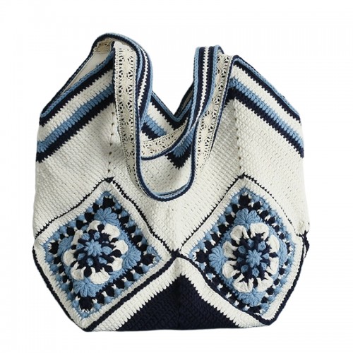 Handmade Crochet White and Blue Shoulder Tote Bag