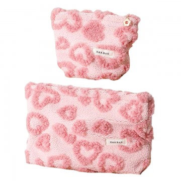 Pink Plush Heart Cosmetic Pouch